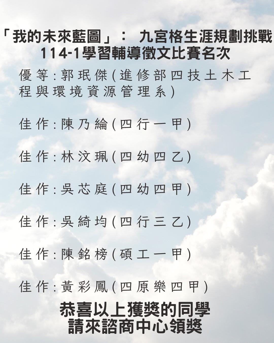 114-1學習輔導徵文競賽名次公布圖