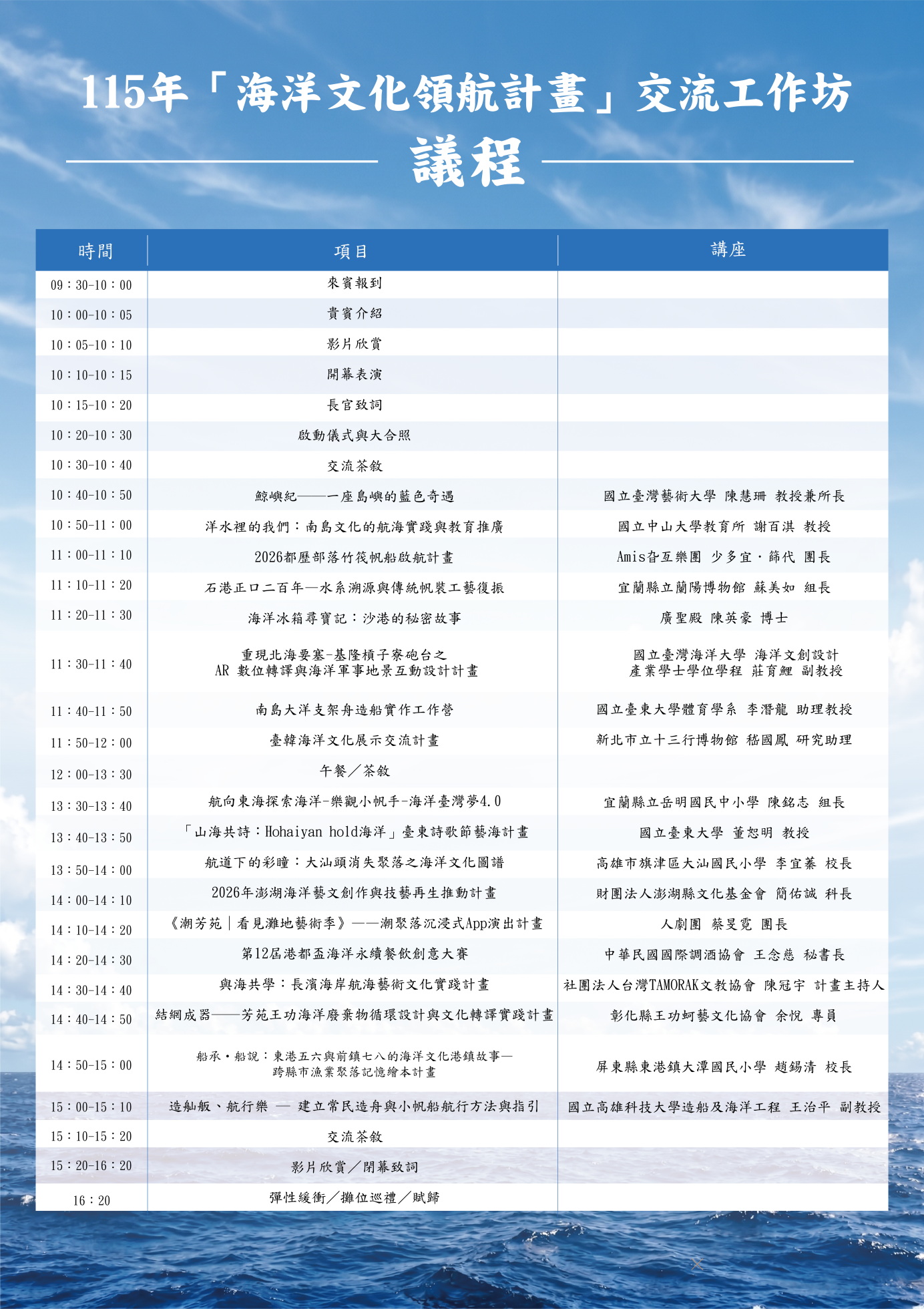海洋委員會「115年海洋文化領航計畫交流工作坊」活動議程